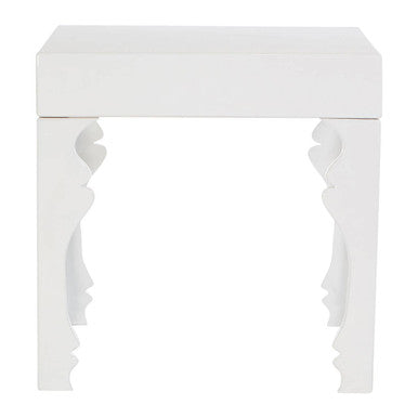 White High Gloss MDF Side Table with Decorative Shaped Curved Legs, Luis