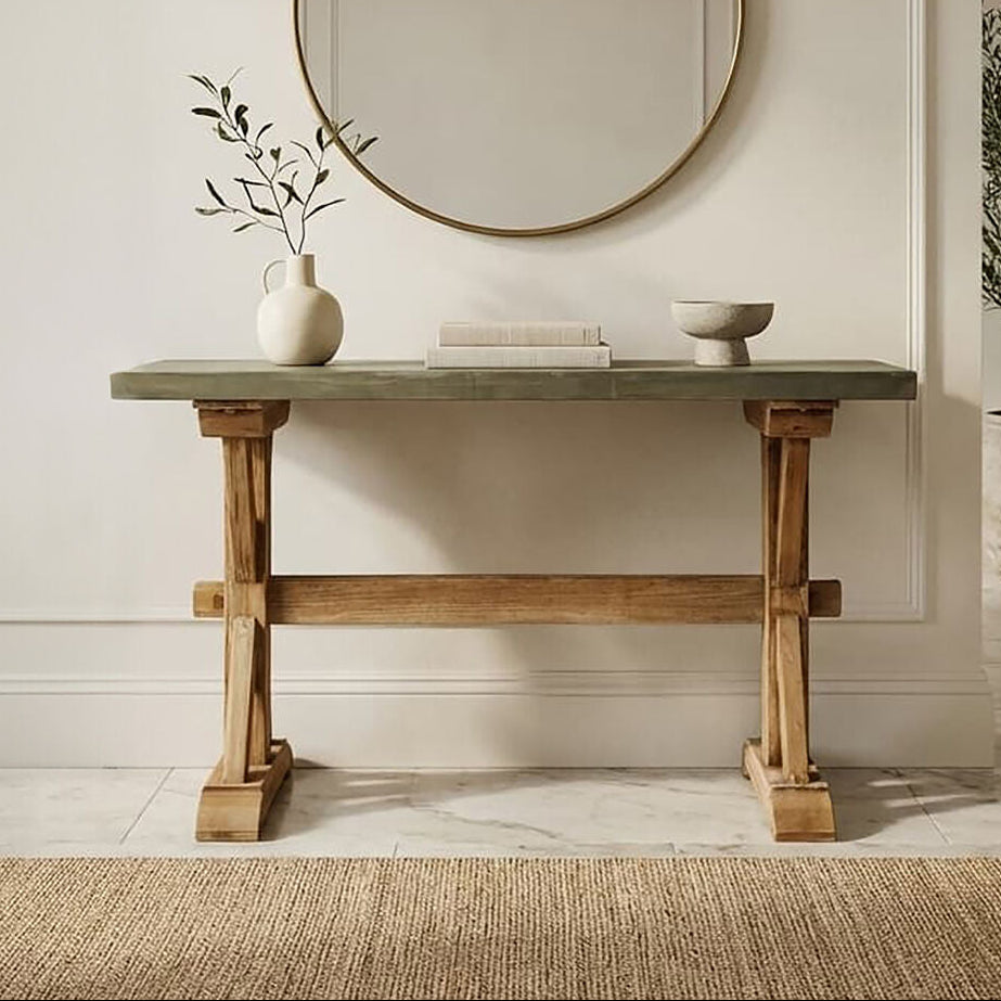 Grey Finish Top Traditional Wooden Console Table with Natural Wood Base, Pompeii