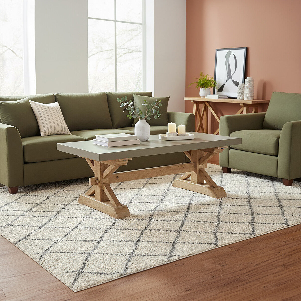Grey Finish Top Traditional Wooden Coffee Table with Natural Wood Base, Pompeii