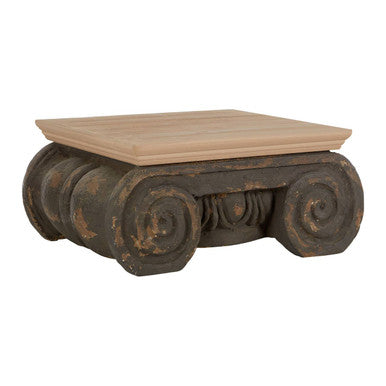 Natural Wood Top Coffee Table with Distressed Charcoal Grey Ornate Base, Pompeii