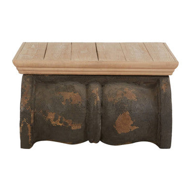 Natural Wood Top Coffee Table with Distressed Charcoal Grey Ornate Base, Pompeii