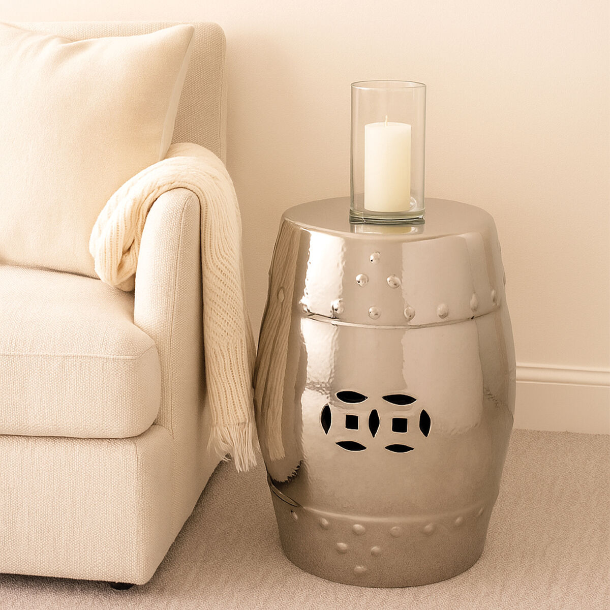 Complements Silver Dolomite Ceramic Side Table Multi Use Stool with Embossed Detailing, Torcello