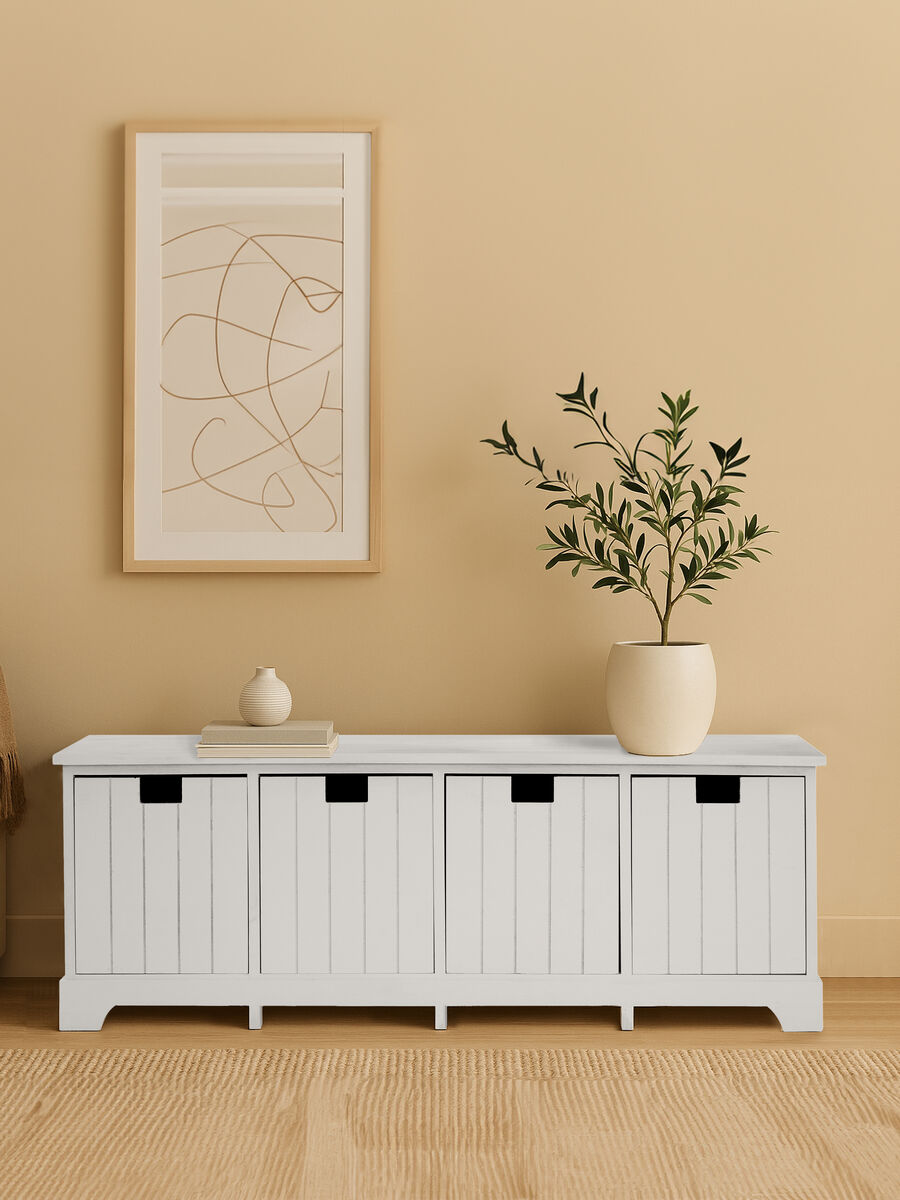 New England White Storage Bench with 4 Drawers