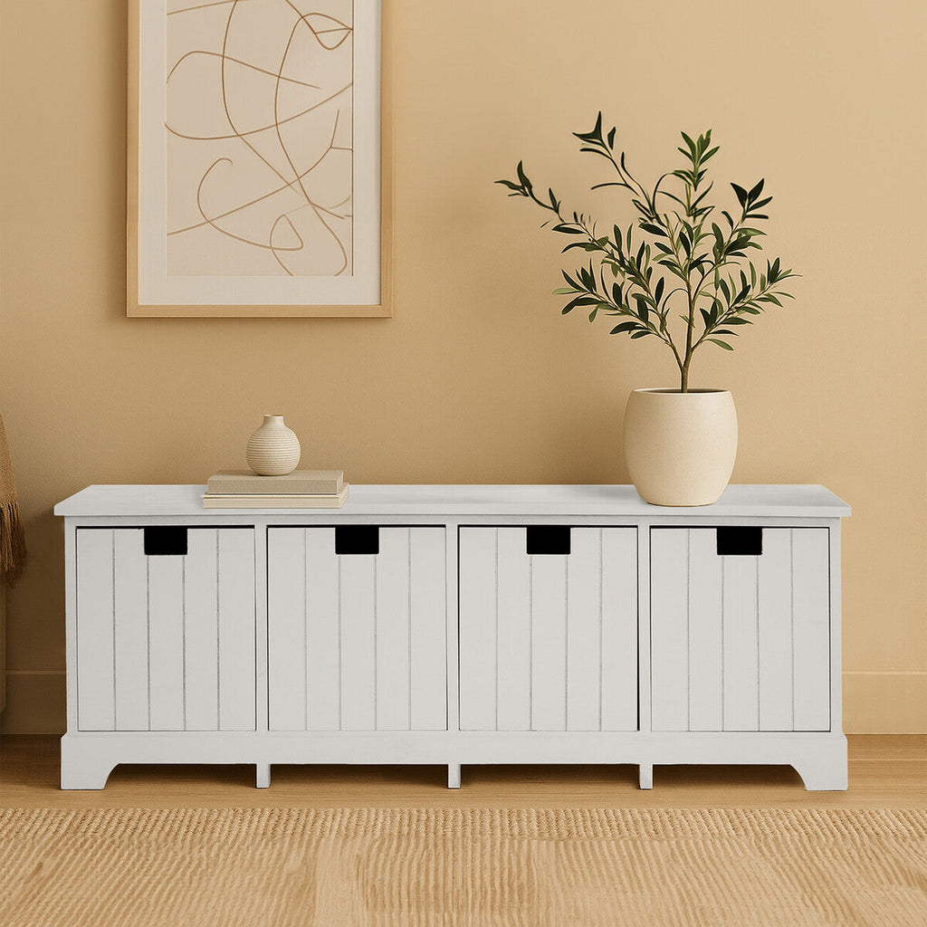 New England White Wood Storage Bench with 4 Drawers