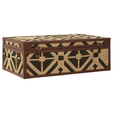 Natural and Black Coffee Table Trunk with Storage Galvanised Iron and Brown PU Leather Trim | Aztec