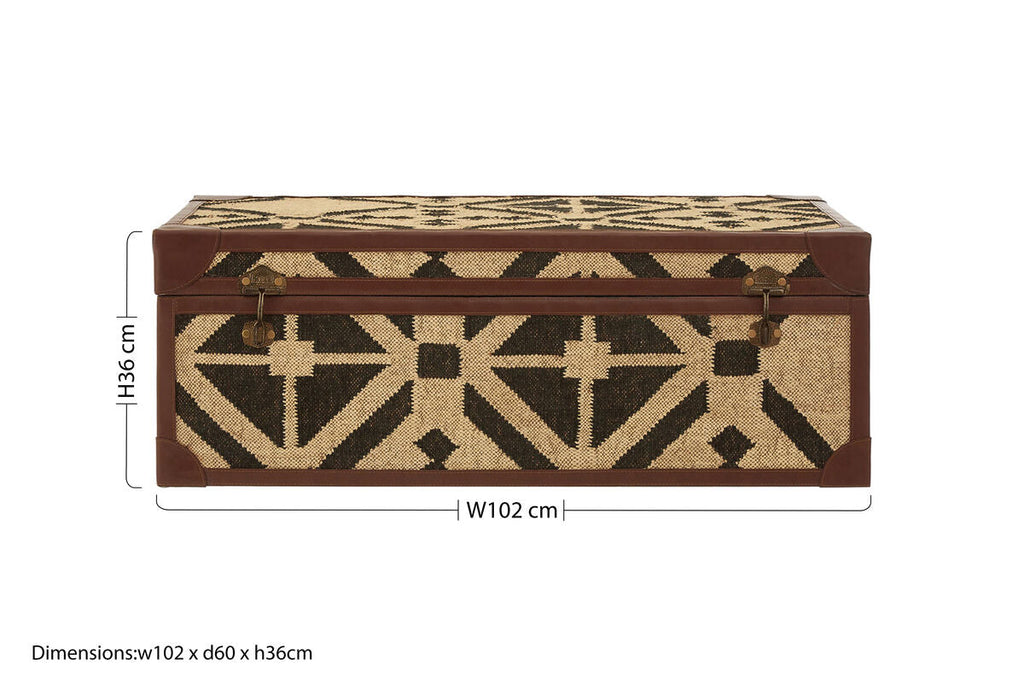 Natural and Black Coffee Table Trunk with Storage Galvanised Iron and Brown PU Leather Trim | Aztec