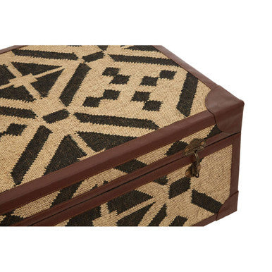 Natural and Black Coffee Table Trunk with Storage Galvanised Iron and Brown PU Leather Trim | Aztec