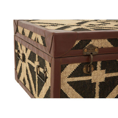 Natural and Black Coffee Table Trunk with Storage Galvanised Iron and Brown PU Leather Trim | Aztec