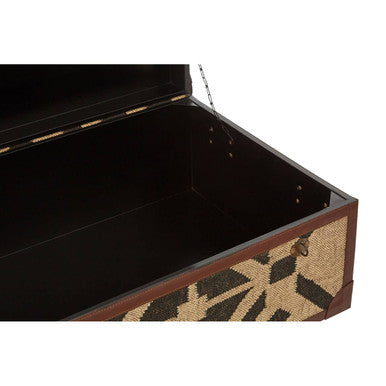 Natural and Black Coffee Table Trunk with Storage Galvanised Iron and Brown PU Leather Trim, Aztec