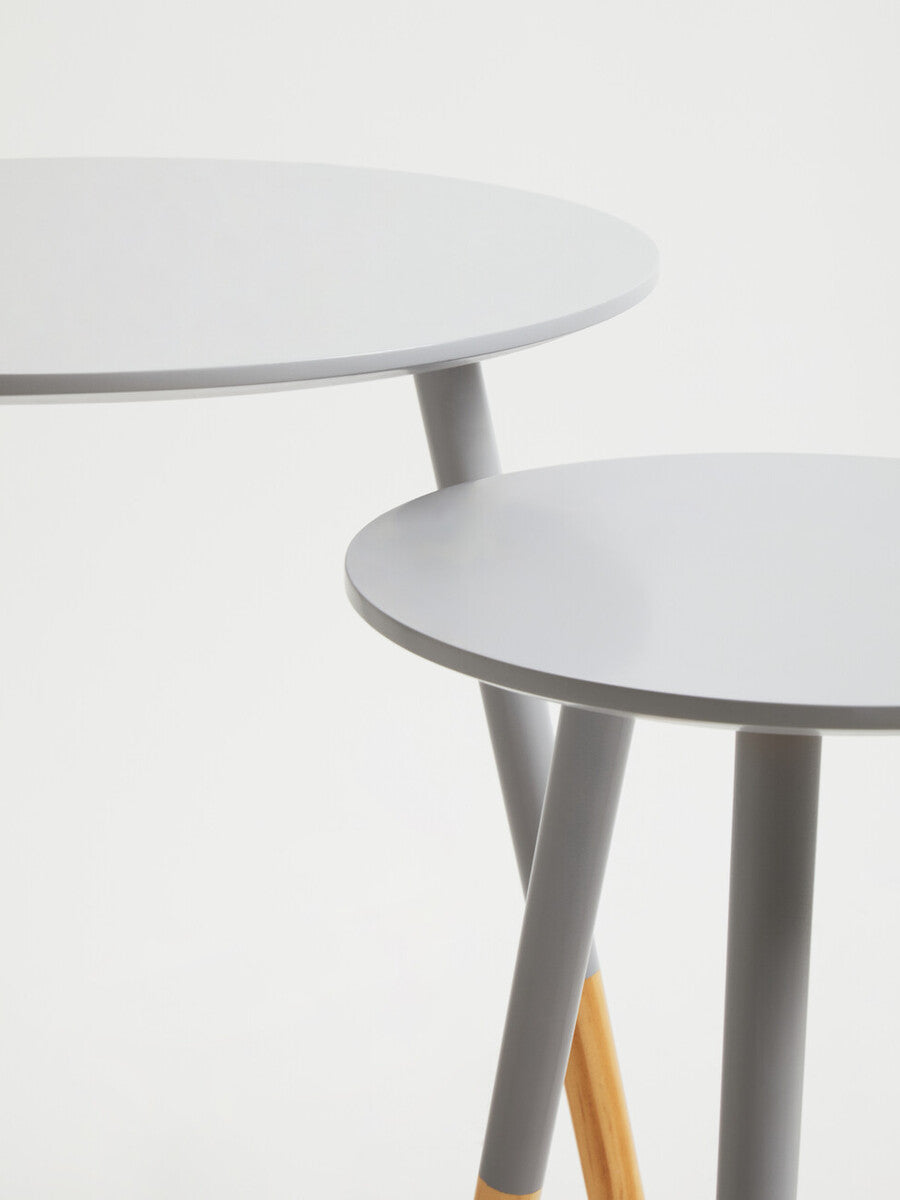 Set of 2 Grey Bamboo Round Nesting Side Tables with Natural Wood Legs, Viborg