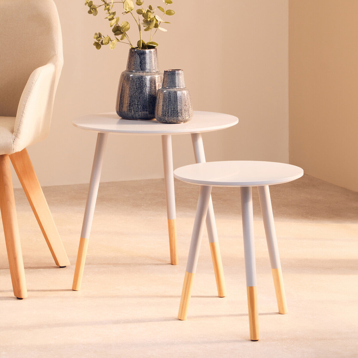 Set of 2 Grey Bamboo Round Nesting Side Tables with Natural Wood Legs, Viborg
