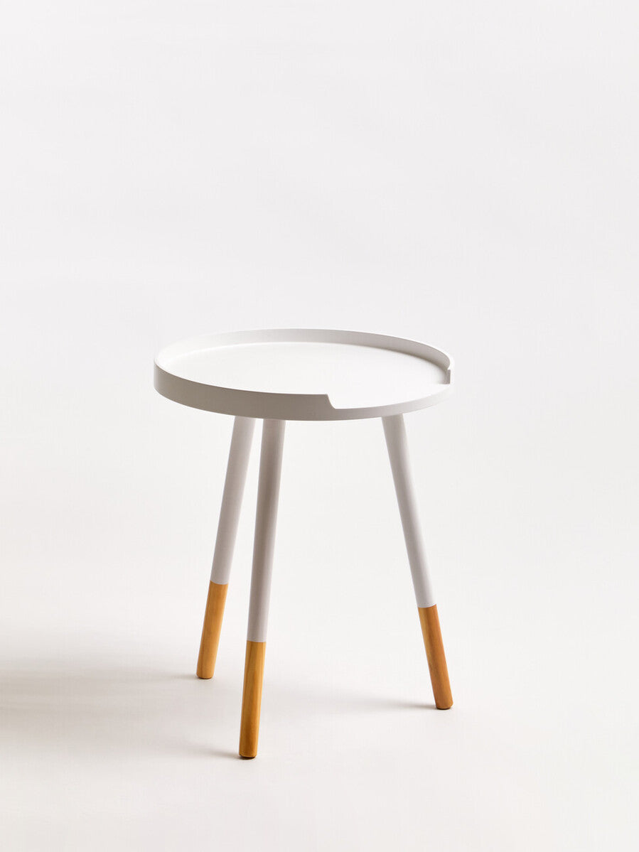 White Round Side Table with Natural Wood Effect Feet, Viborg