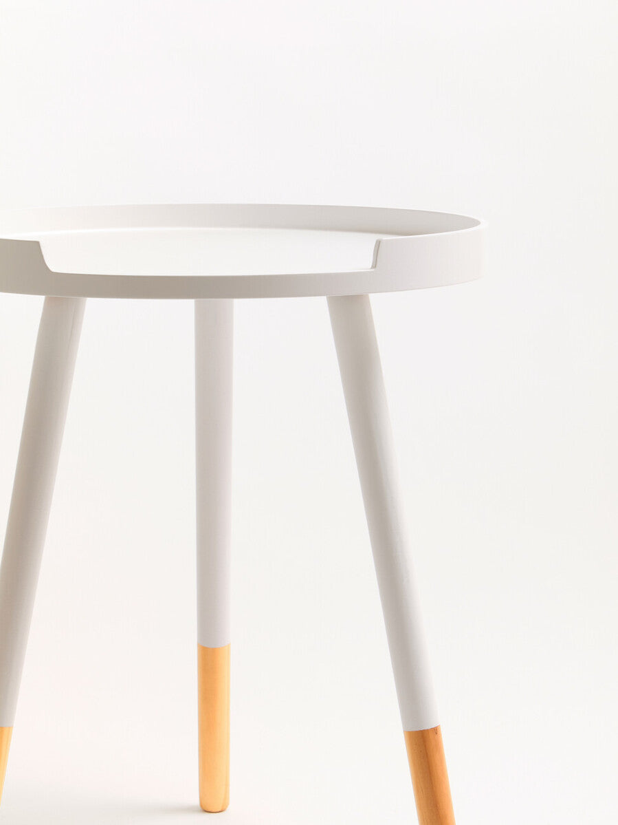 White Round Side Table with Natural Wood Effect Feet, Viborg