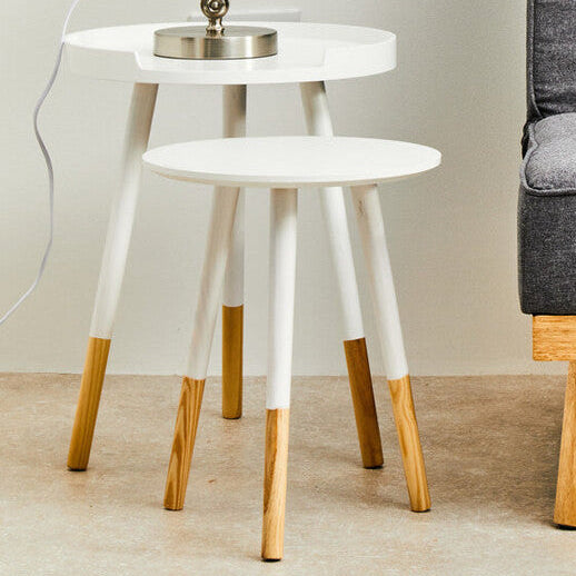 White Round Side Table with Natural Wood Effect Feet, Viborg