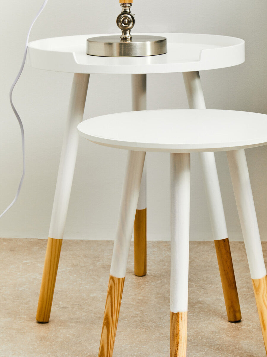 White Round Side Table with Natural Wood Effect Feet, Viborg