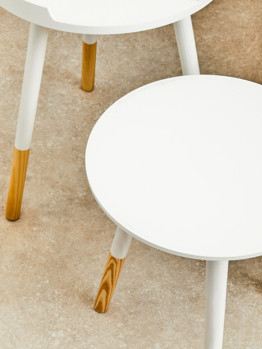 White Round Side Table with Natural Wood Effect Feet, Viborg