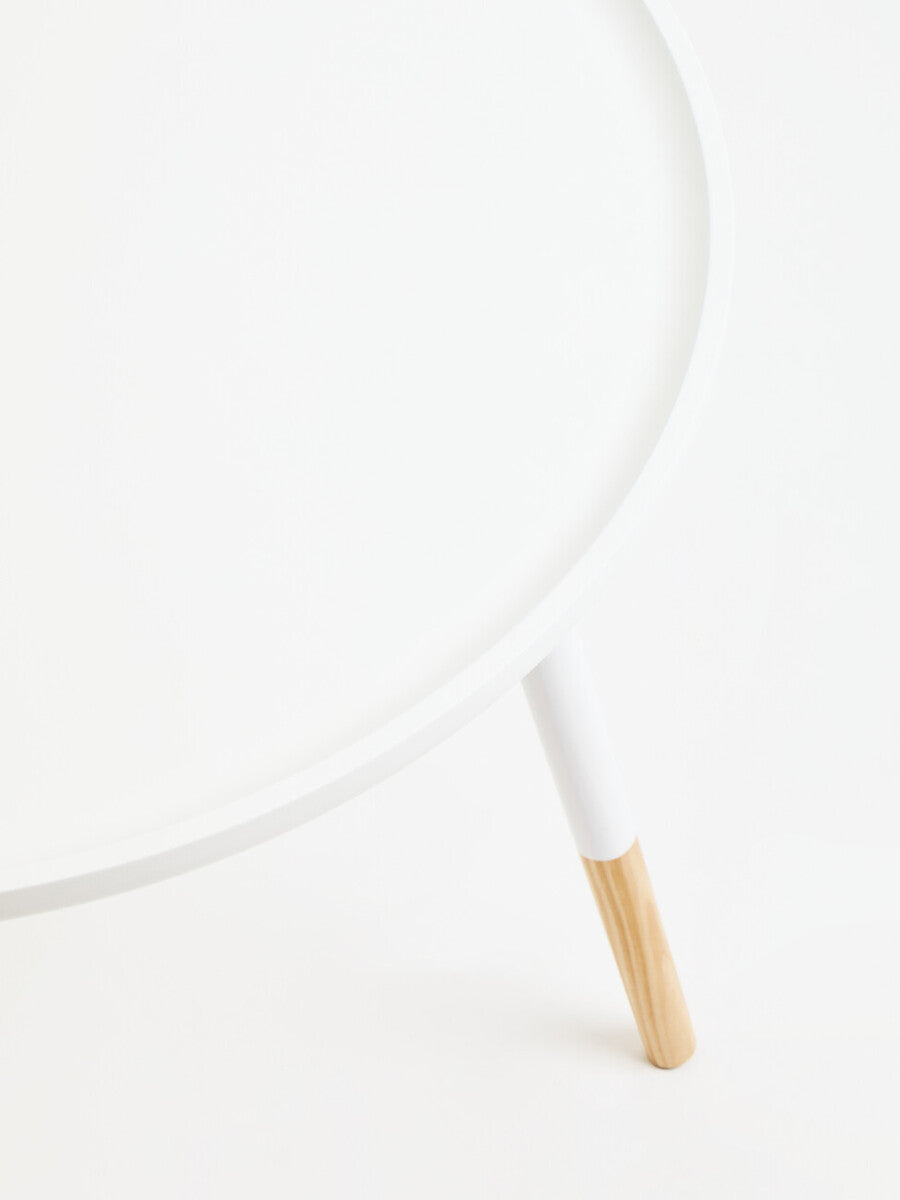White Small Round Side Table with Natural Wood Effect Feet, Viborg