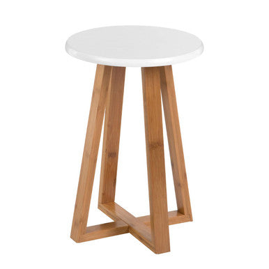Viborg White and Natural Bamboo Round Stool with Lattice Design