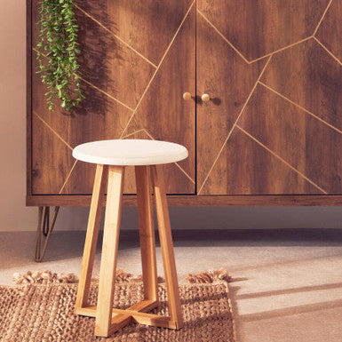 Viborg White and Natural Bamboo Round Stool with Lattice Design