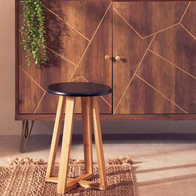 Viborg Black and Natural Bamboo Round Stool with Lattice Design