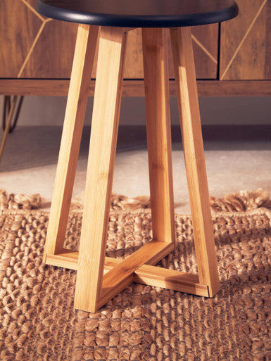 Viborg Black and Natural Bamboo Round Stool with Lattice Design