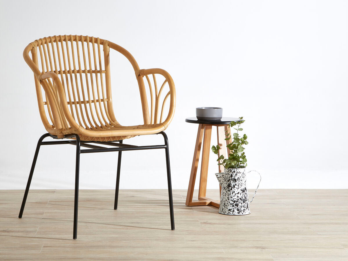 Viborg Black and Natural Bamboo Round Stool with Lattice Design