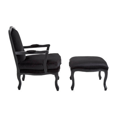 Rococo Black Velvet Chair and Footstool with Carved Hardwood Frame