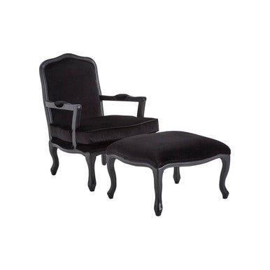Rococo Black Velvet Chair and Footstool with Carved Hardwood Frame