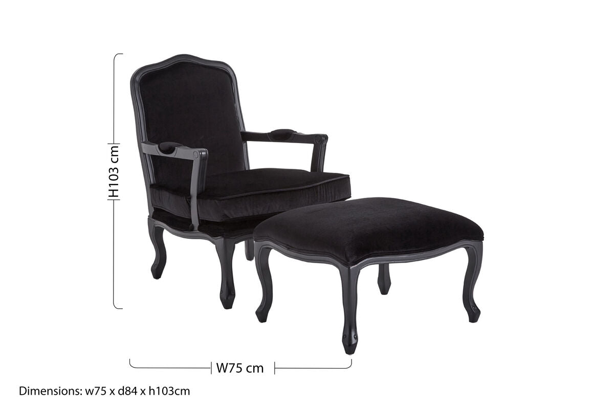 Rococo Black Velvet Chair and Footstool with Carved Hardwood Frame