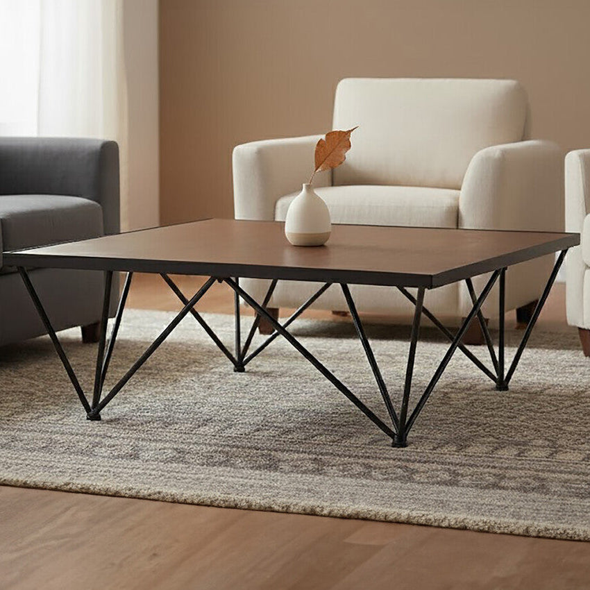 Brown Wood Top and Iron Base Square Coffee Table, New Foundry
