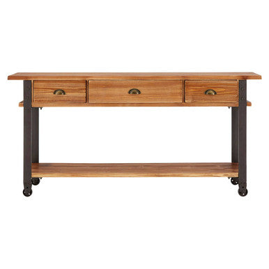 Natural Wooden 3-Drawer Console Table with Black Metal Legs, New Foundry