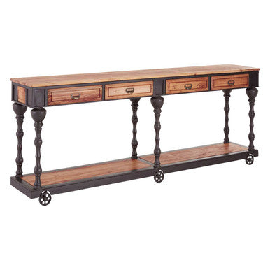 Natural Wooden 4-Drawer Console Table with Black Metal Legs, New Foundry