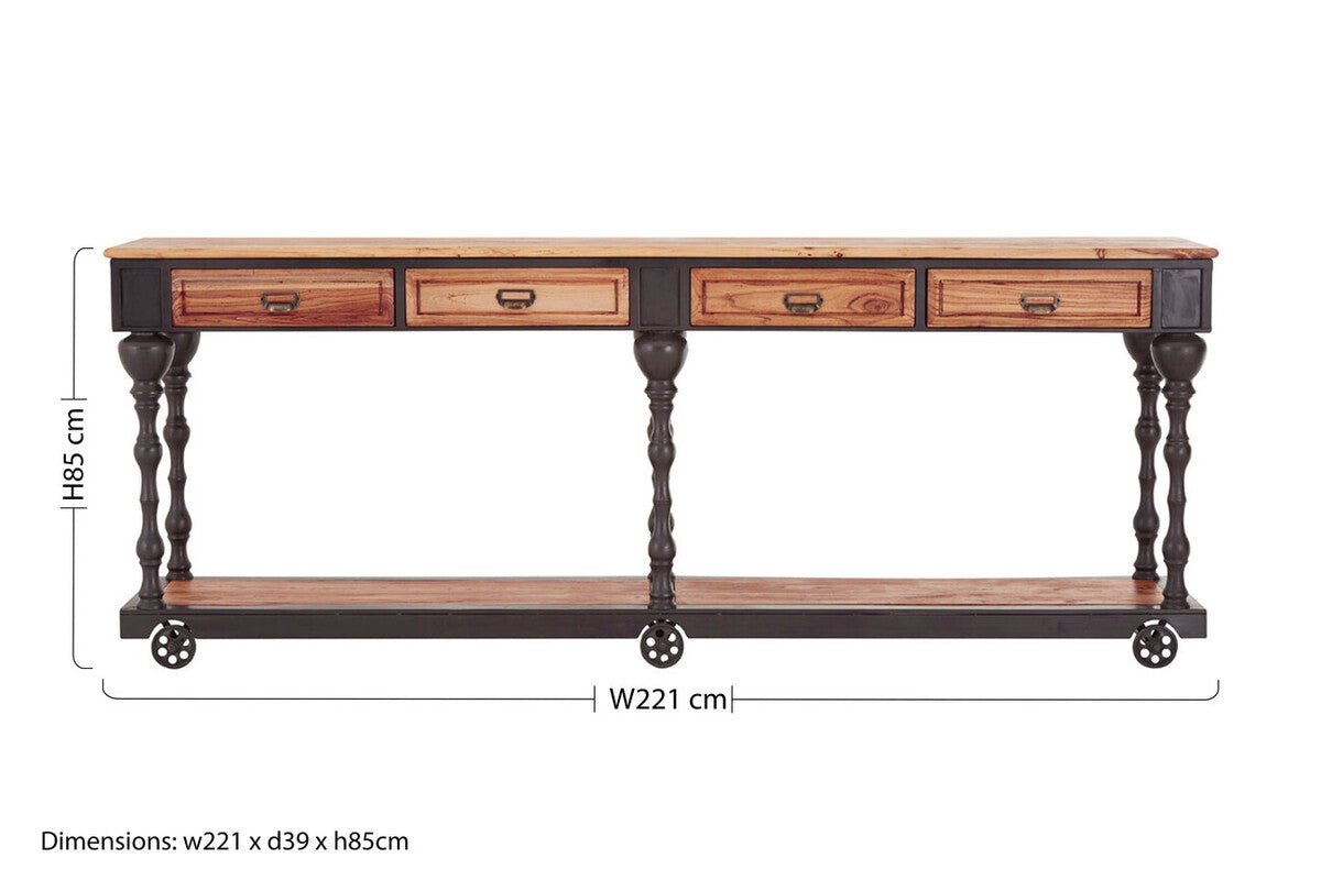 Natural Wooden 4-Drawer Console Table with Black Metal Legs, New Foundry
