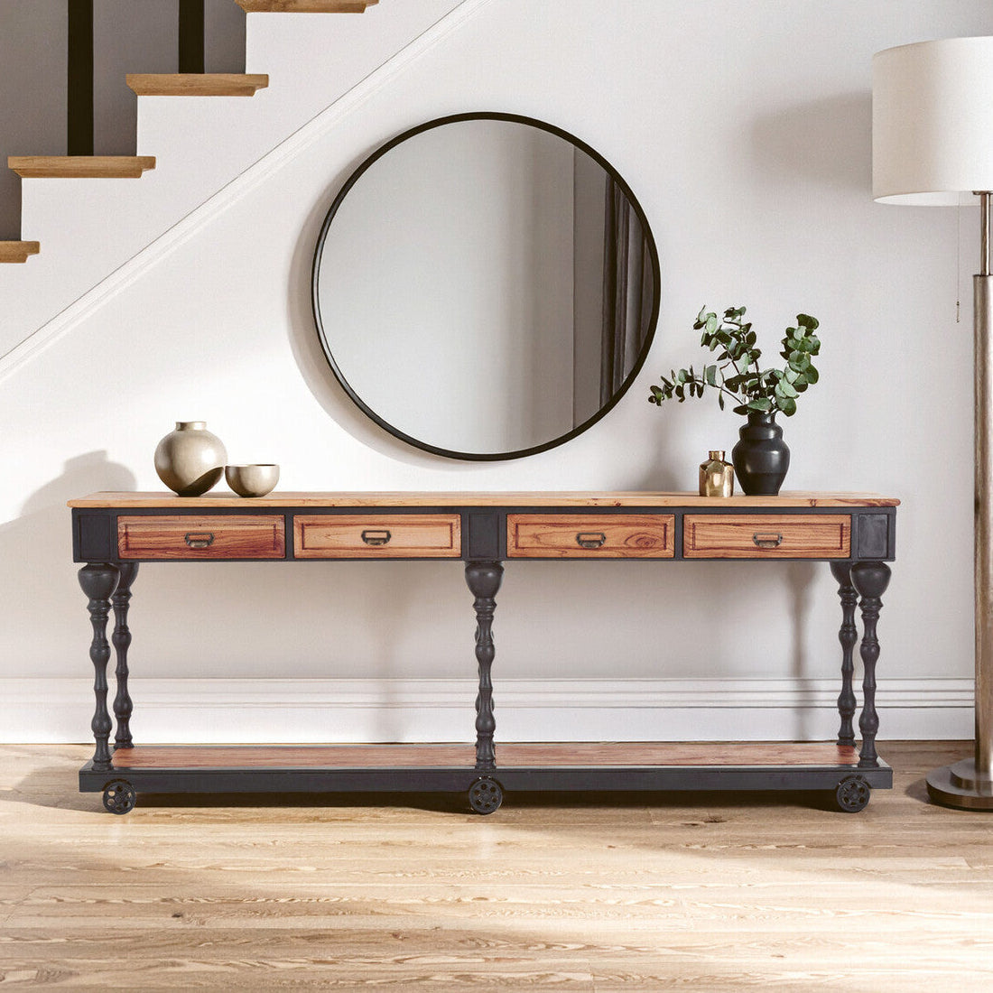 Natural Wooden 4-Drawer Console Table with Black Metal Legs, New Foundry