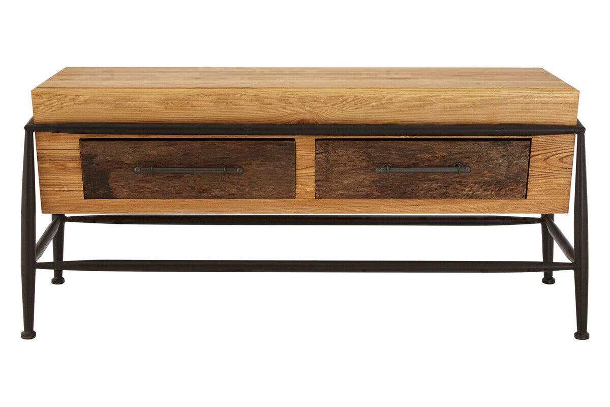 Natural and Brown Wooden Coffee Table with Metal Legs, New Foundry