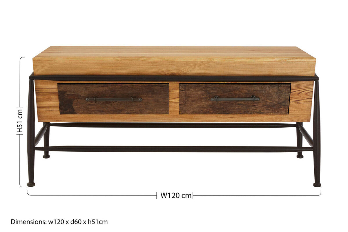 Natural and Brown Wooden Coffee Table with Metal Legs, New Foundry