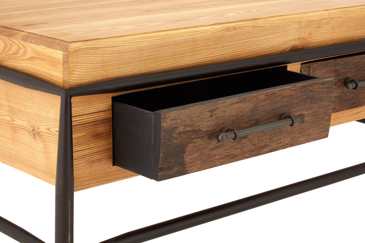 Natural and Brown Wooden Coffee Table with Metal Legs, New Foundry