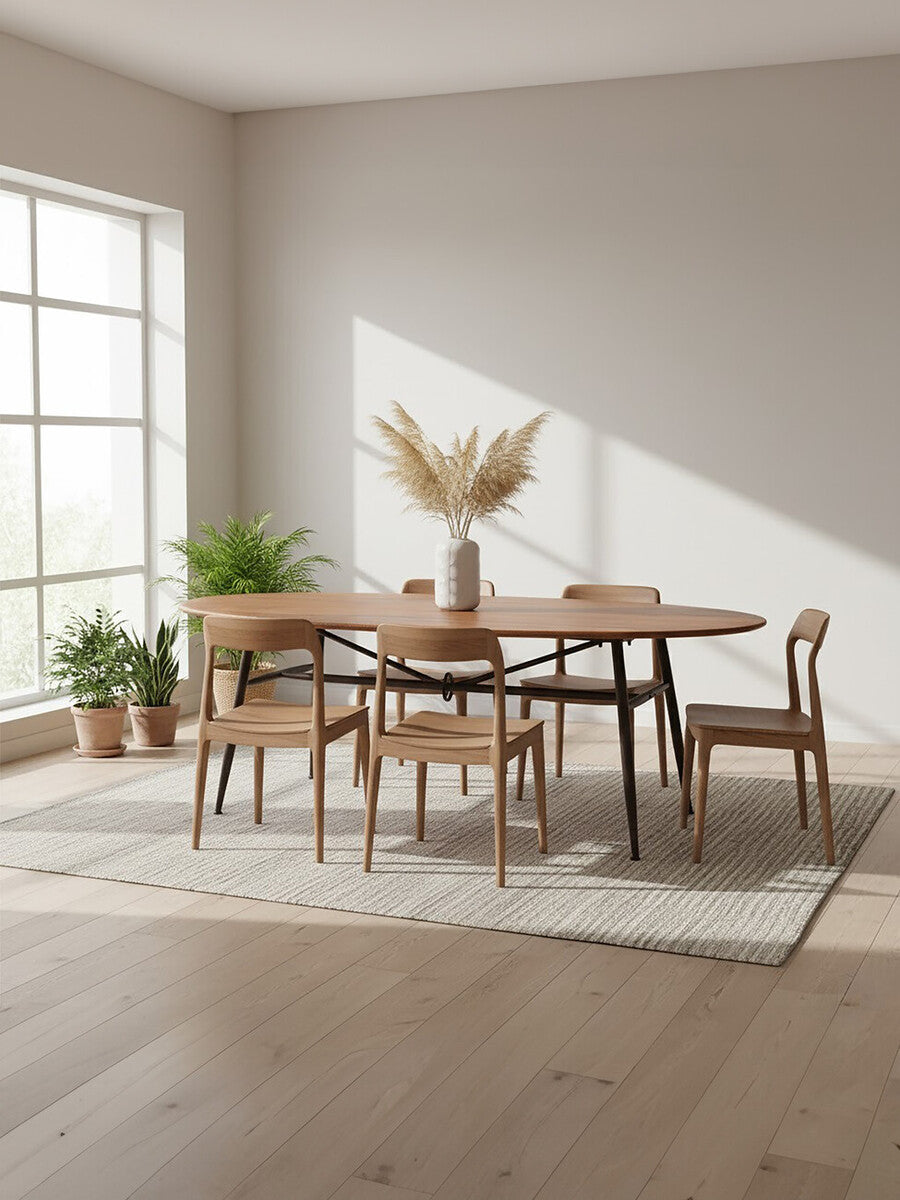 Black and Natural Wooden Oval dining Table with Metal Legs, New Foundry