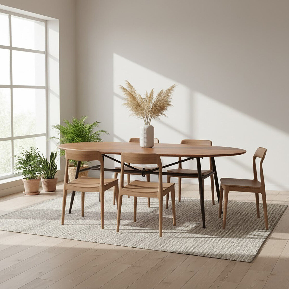 Black and Natural Wooden Oval dining Table with Metal Legs, New Foundry