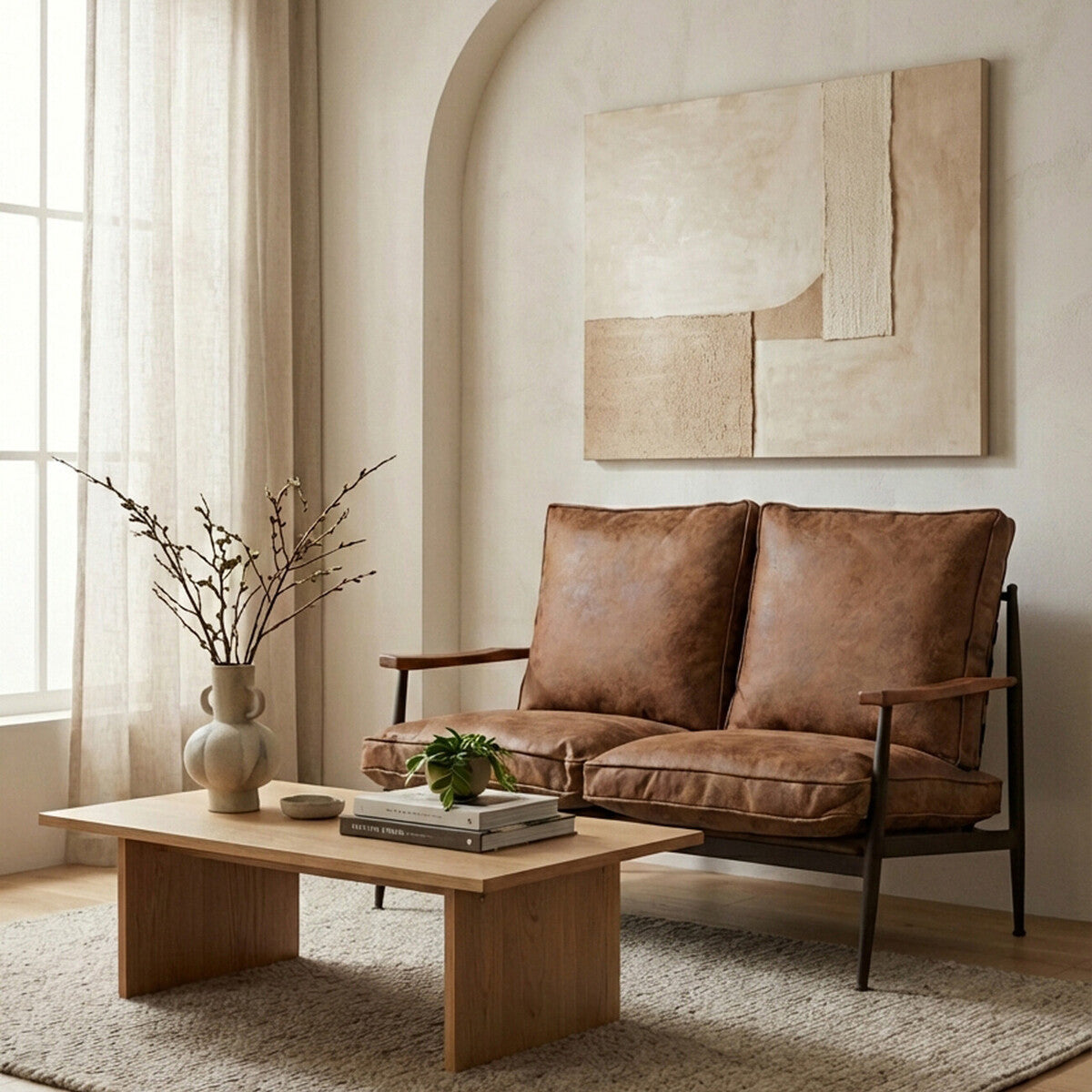 Brown Leather Effect 2 Seater Sofa with Wood Frame, New Foundry