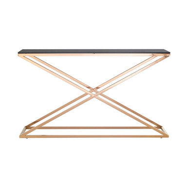 Smoked Amber Glass Top Console Table with Gold Criss Cross Effect Metal Frame, Montril