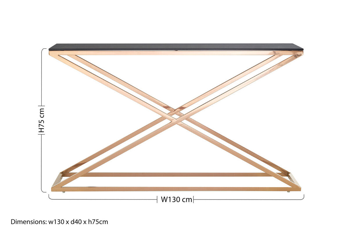 Smoked Amber Glass Top Console Table with Gold Criss Cross Effect Metal Frame, Montril