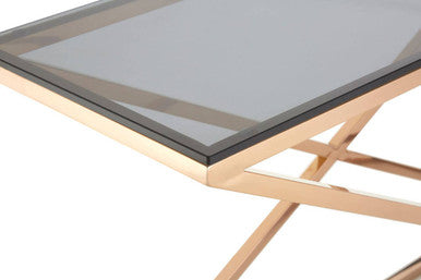 Smoked Amber Glass Top Console Table with Gold Criss Cross Effect Metal Frame, Montril