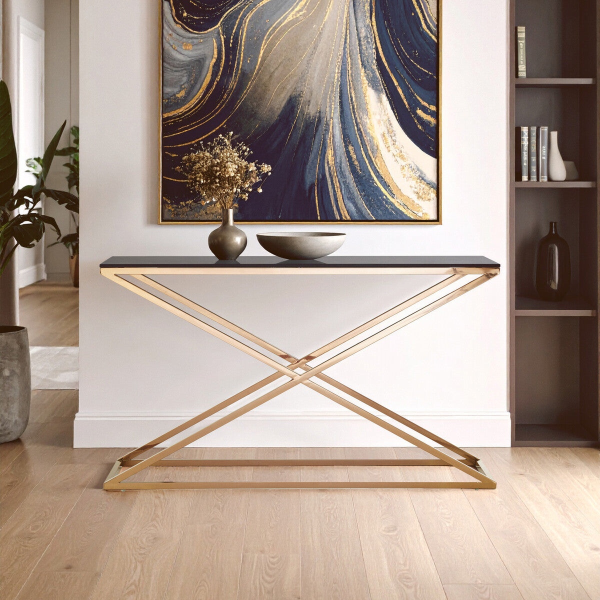 Smoked Amber Glass Top Console Table with Gold Criss Cross Effect Metal Frame, Montril