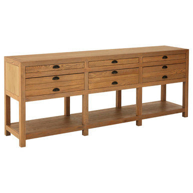 Washed Grey Oak Wood Console Table with 6 Drawers and Lower Shelf, Lyon