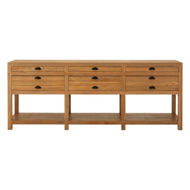 Washed Grey Oak Wood Console Table with 6 Drawers and Lower Shelf, Lyon