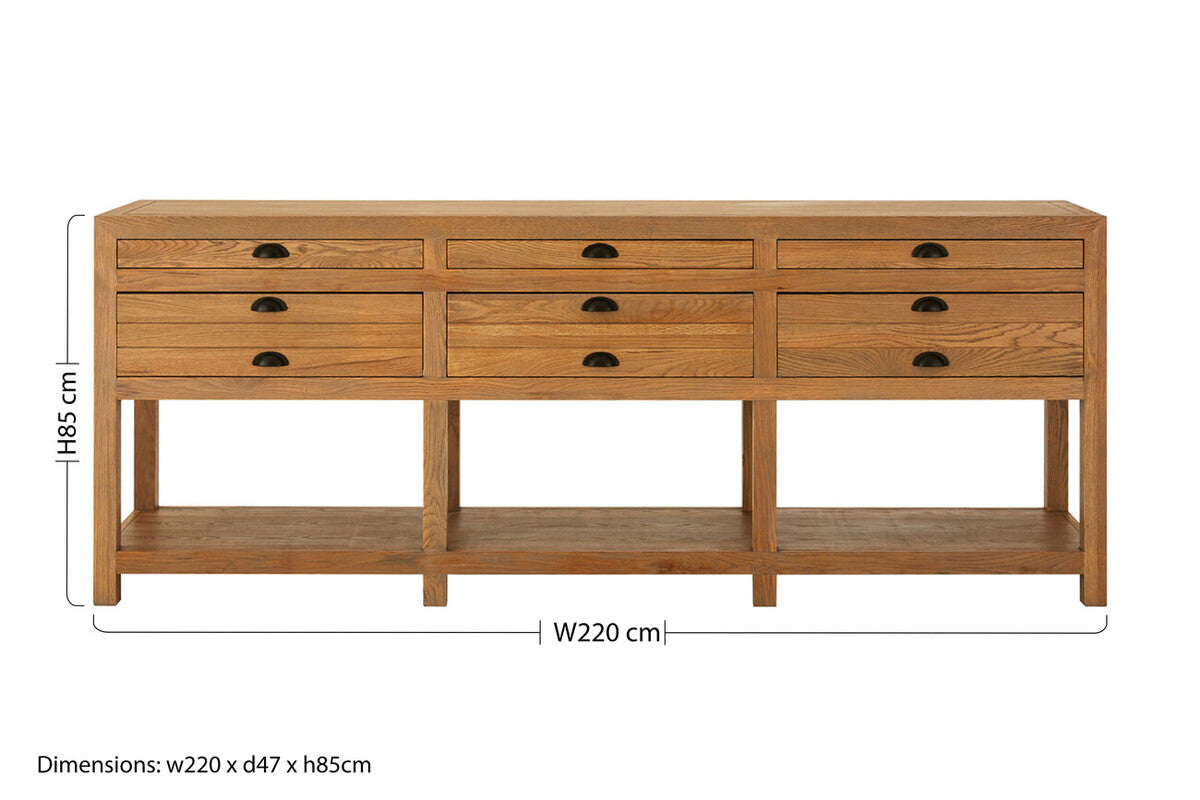 Washed Grey Oak Wood Console Table with 6 Drawers and Lower Shelf, Lyon