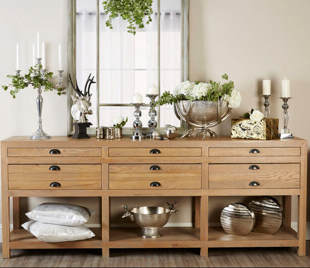 Washed Grey Oak Wood Console Table with 6 Drawers and Lower Shelf, Lyon