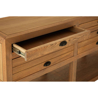Washed Grey Oak Wood Console Table with 6 Drawers and Lower Shelf, Lyon