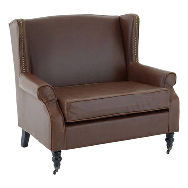 Fulham Brown Faux Leather Wingback Armchair with Gold Stud Detail